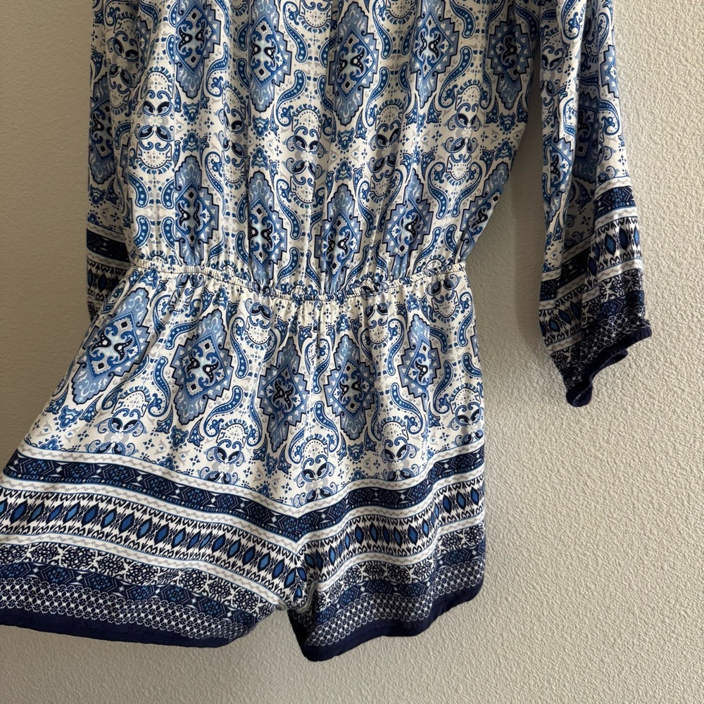 Athropologie Elevenses Basia Romper Long Sleeve V Neck Boho Blue Coastal Resort - Picture 10 of 13
